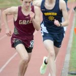 Homers Seamus McDonough, right, starts the 600-meter event on Saturday, April 23, 2022, for the Homer Invite at Homer High School in Homer, Alaska. (Photo by Michael Armstrong/Homer News)