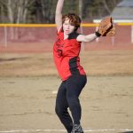 Kenai Central's Caitlin Crabb pitches to Soldotna on Monday, April 25, 2022, in Kenai, Alaska. (Photo by Jeff Helminiak/Peninsula Clarion)