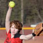 Kenai Central's Caitlin Crabb pitches to Soldotna on Monday, April 25, 2022, in Kenai, Alaska. (Photo by Jeff Helminiak/Peninsula Clarion)