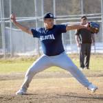 Soldotna starting pitcher Atticus Gibson delivers to Kenai Central on Tuesday, April 26, 2022, at the Kenai Little League Fields in Kenai, Alaska. (Photo by Jeff Helminiak/Peninsula Clarion)