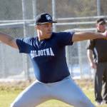 Soldotna starting pitcher Atticus Gibson delivers to Kenai Central on Tuesday, April 26, 2022, at the Kenai Little League Fields in Kenai, Alaska. (Photo by Jeff Helminiak/Peninsula Clarion)