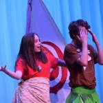 Mylee Yeoman, left, and Cooper Tallent-Darling perform Moana during a dress rehearsal at the Renee C. Henderson Auditorium in Kenai, Alaska, on Wednesday, April 27, 2022. (Camille Botello/Peninsula Clarion)