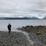 Grace looks for cool rocks on Douglas Island outside of Juneau, Alaska, on Sunday, April 24, 2022. (Camille Botello/Peninsula Clarion)