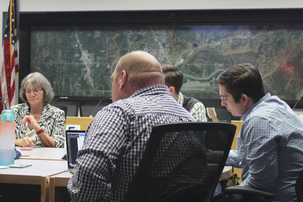 Soldotna City Council members convene for a work session to discuss how the city should use federal COVID-19 recovery funds on Wednesday, April 27, 2022, in Soldotna, Alaska. (Ashlyn OHara/Peninsula Clarion)