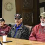 From left to right, Willard Jackson, Dennis Jack and Bill Thomas, Alaska Native veterans form Southeast Alaska met with lawmakers at the Alaska State Capitol on Friday, April 29, to discuss their issues getting land allotments from the federal government. Jackson and Thomas are veterans of the Vietnam war who are eligbile for land allotments, but no lands are available in Southeast Alaska, and veterans are frustrated by the lack of action. (Peter Segall / Juneau Empire)