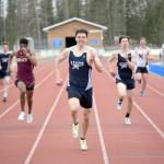Soldotnas Nate Johnson runs to victory in the 400 meters at the SoHi Invitational on Saturday, April 30, 2022, at Soldotna High School in Soldotna, Alaska. (Photo by Jeff Helminiak/Peninsula Clarion)