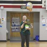 Sterling Elementary School Principal Denise Kelly speaks at a surprise assembly at Sterling Elementary School held to celebrate her being named Alaska Elementary Principal of the Year on Monday, May 2, 2022, in Sterling, Alaska. (Ashlyn OHara/Peninsula Clarion)