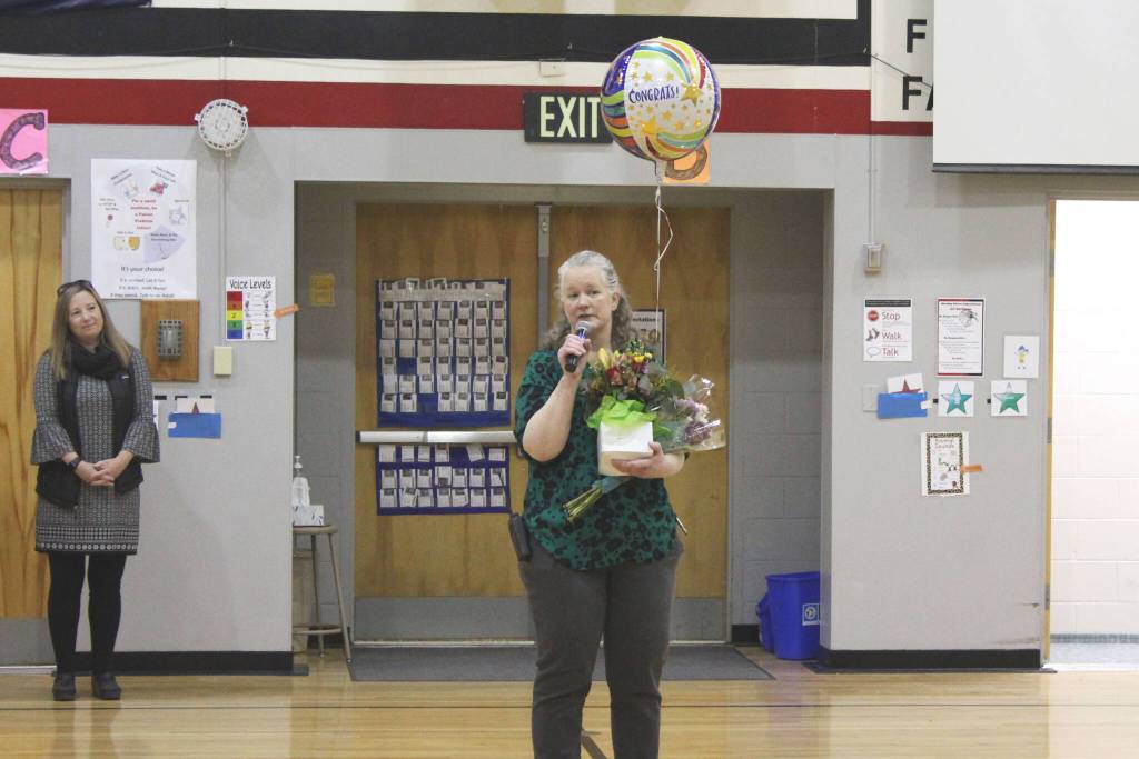 Sterling Elementary School Principal Denise Kelly speaks at a surprise assembly at Sterling Elementary School held to celebrate her being named Alaska Elementary Principal of the Year on Monday, May 2, 2022, in Sterling, Alaska. (Ashlyn OHara/Peninsula Clarion)