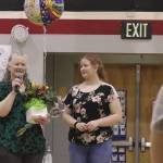 Sterling Elementary School Principal Denise Kelly speaks at a surprise assembly held at the school to celebrate her being named Alaska Elementary Principal of the Year on Monday, May 2, 2022, in Sterling, Alaska. On the right, Kellys daughter, Freya, attends. (Ashlyn OHara/Peninsula Clarion)