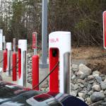 Teslas charge at Alaskas first Tesla Supercharger station on Saturday, April 30, 2022, in Soldotna, Alaska. (Ashlyn OHara/Peninsula Clarion)