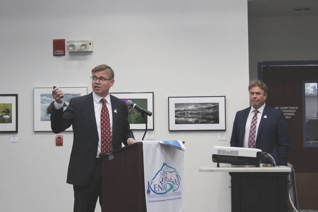 Kenai City Manager Paul Ostrander, left, speaks during a State of the City address while Kenai Mayor Brian Gabriel looks on at the Kenai Chamber of Commerce and Visitor Center on Wednesday, May 4, 2022 in Kenai, Alaska. (Ashlyn OHara/Peninsula Clarion)