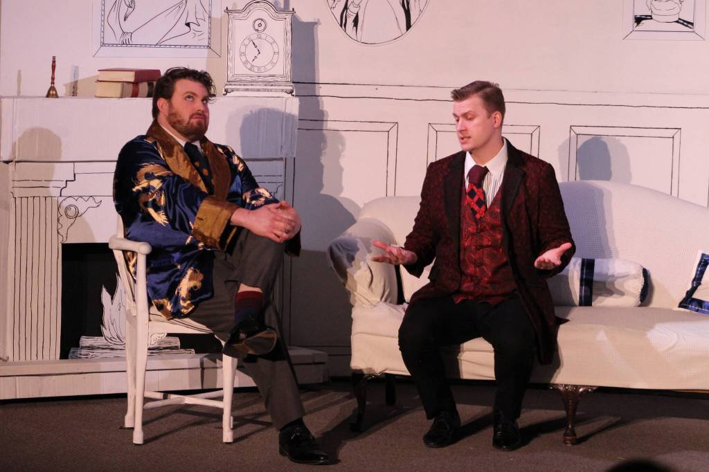 Joe Spady as Algnernon Moncrieff, left, and Devin Boyle as Jack Worthing rehearse a scene from the Kenai Performers production of The Importance of Being Earnest on Wednesday, May 4, 2022, in Kalifornsky, Alaska. (Photo courtesy Kenai Performers)