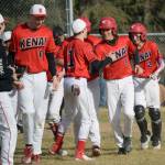 Kenai Centrals Simon Grenier (9) celebrates his grand slam against Soldotna with teammates at the Soldotna Little League fields Wednesday, May 4, 2022, in Soldotna, Alaska. (Photo by Jeff Helminiak/Peninsula Clarion)