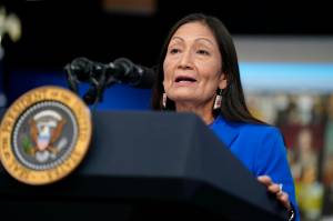 Interior Secretary Deb Haaland speaks during a Tribal Nations Summit during Native American Heritage Month, in the South Court Auditorium on the White House campus, on Nov. 15, 2021, in Washington. Haaland on Thursday, May 5, 2022, announced the members of a commission that will craft recommendations on how the federal government can better tackle unsolved cases in which Native Americans and Alaska Natives have gone missing or have been killed. (AP Photo/Evan Vucci, File)