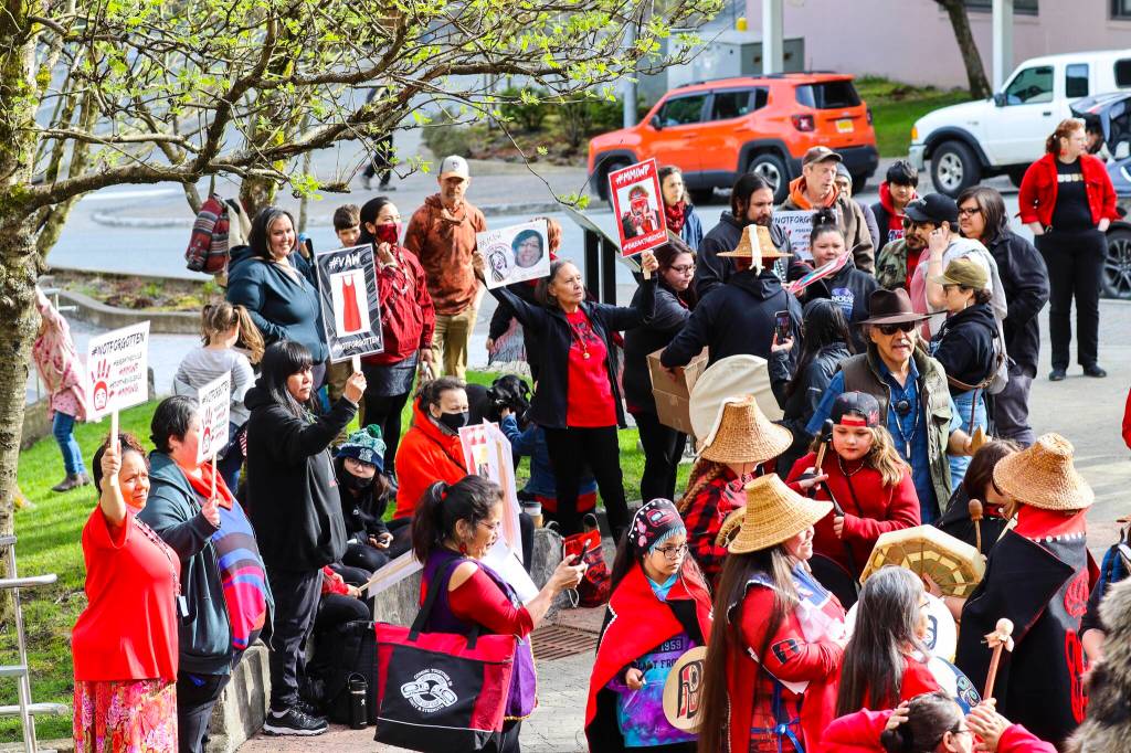 Michael S. Lockett / Juneau Empire
Rally-goers drum before the annual Missing and Murdered Indigenous Persons rally at the Alaska State Capitol on May 5, 2022.