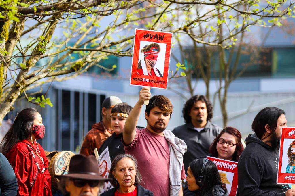 Michael S. Lockett / Juneau Empire
Rally-goers hold up signs before the annual Missing and Murdered Indigenous Persons rally at the Alaska State Capitol on May 5, 2022.