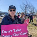 Pamela Lloyd, of Sterling, holds a sign in support of abortion rights at the intersection of the Kenai Spur and Sterling highways on Saturday, May 7, 2022, in Soldotna, Alaska. (Photo by Erin Thompson/Peninsula Clarion)