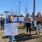 Demonstrators in support of abortion rights stand at the intersection of the Kenai and Sterling highways on Saturday, May 7, 2022, in Soldotna, Alaska. (Photo by Erin Thompson/Peninsula Clarion)