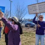 Demonstrators in support of abortion rights stand at the intersection of the Kenai and Sterling highways on Saturday, May 7, 2022, in Soldotna, Alaska. (Photo by Erin Thompson/Peninsula Clarion)