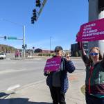 Demonstrators in support of abortion rights stand at the intersection of the Kenai and Sterling highways on Saturday, May 7, 2022, in Soldotna, Alaska. (Photo by Erin Thompson/Peninsula Clarion)