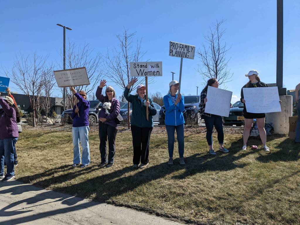 Demonstrators in support of abortion rights stand at the intersection of the Kenai and Sterling highways on Saturday, May 7, 2022, in Soldotna, Alaska. (Photo by Erin Thompson/Peninsula Clarion)
Demonstrators in support of abortion rights stand at the intersection of the Kenai and Sterling highways on Saturday, May 7, 2022, in Soldotna, Alaska. (Photo by Erin Thompson/Peninsula Clarion)