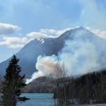 A wildfire burns near Milepost 46.5 of the Sterling Highway on Tuesday, May 10, 2022, near Cooper Landing, Alaska. (Photo courtesy Cooper Landing Emergency Services)