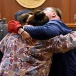 Peter Segall / Juneau Empire
Alaskans for Better Government members La quen náay Liz Medicine Crow, Richard Chalyee Éesh Peterson and Wáahlaal Gidáak Barbara Blake embrace on the floor of the Alaska State Senate following the passage of House Bill 123, a bill to formally recognize the states 229 federally recognized tribes.