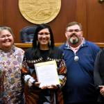From left to right, Wáahlaal Gidáak Barbara Blake, La quen náay Liz Medicine Crow, Rep. Tiffany Zulkowsky, D-Bethel; Richard Chalyee Éesh Peterson and Joe Nelson on Friday, May 13, 2022, pose with the text of House Bill 123, a bill sponsored by Zulkosky to have the state formally recognize Alaskas 229 federally-recognized tribes. (Peter Segall / Juneau Empire)