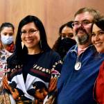 From left to right, La quen náay Liz Medicine Crow, Rep. Tiffany Zulkosky, D-Bethel; Richard Chalyee Éesh Peterson and Wáahlaal Gidáak Barbara Blake were in the gallery of the Alaska State Senate on Friday, May 13, 2022, to watch debate on House Bill 123, a bill to formally recognize Alaskas federally-recognized tribes. The bill bassed unanimously. (Peter Segall / Juneau Empire)