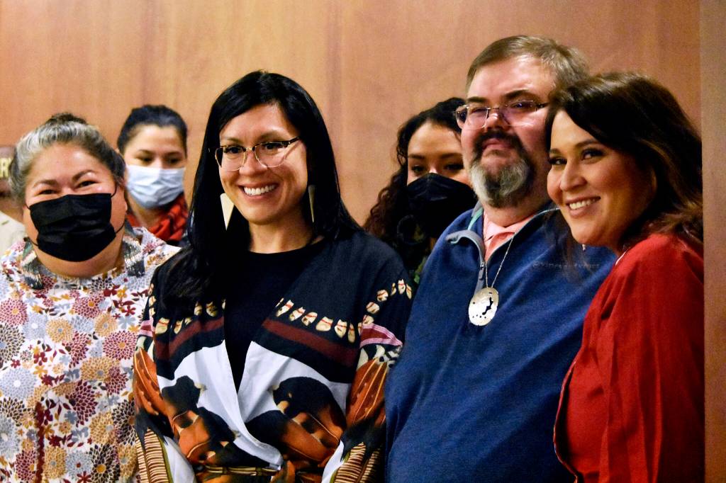 From left to right, La quen náay Liz Medicine Crow, Rep. Tiffany Zulkosky, D-Bethel; Richard Chalyee Éesh Peterson and Wáahlaal Gidáak Barbara Blake were in the gallery of the Alaska State Senate on Friday, May 13, 2022, to watch debate on House Bill 123, a bill to formally recognize Alaskas federally-recognized tribes. The bill bassed unanimously. (Peter Segall / Juneau Empire)