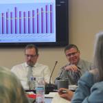 Kenai Finance Director Terry Eubank, left, and Kenai City Manager Paul Ostrander present during a budget work session on Saturday, May 14, 2022, in Kenai, Alaska. (Ashlyn OHara/Peninsula Clarion)