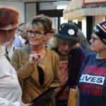 Former Alaska governor and current congressional hopeful Sarah Palin speaks with attendees at a meet-and-greet event outside of Gingers Restaurant on Saturday, May 14, 2022, in Soldotna, Alaska. (Ashlyn OHara/Peninsula Clarion)