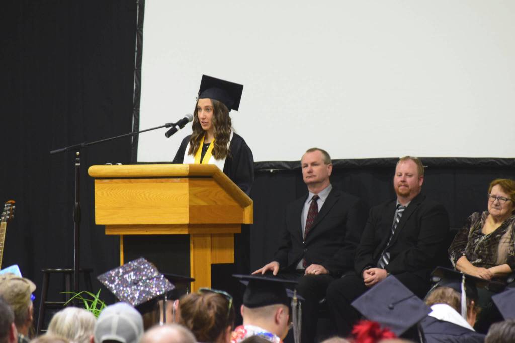 Nikiski Middle/High School Salutatorian Rylee Ellis speaks during the schools 2022 commencement ceremony on Monday, May 16, 2022 in Nikiski, Alaska. (Ashlyn OHara/Peninsula Clarion)