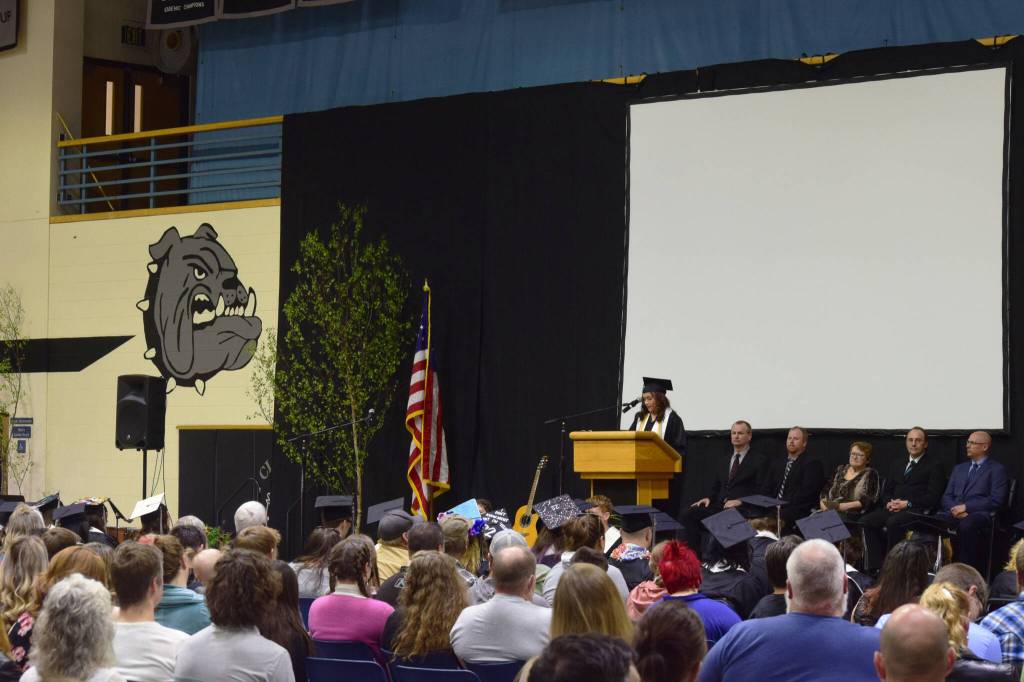 Nikiski Middle/High School Student Body President Madalyn Stichal speaks during the schools 2022 commencement ceremony on Monday, May 16, 2022 in Nikiski, Alaska. (Ashlyn OHara/Peninsula Clarion)