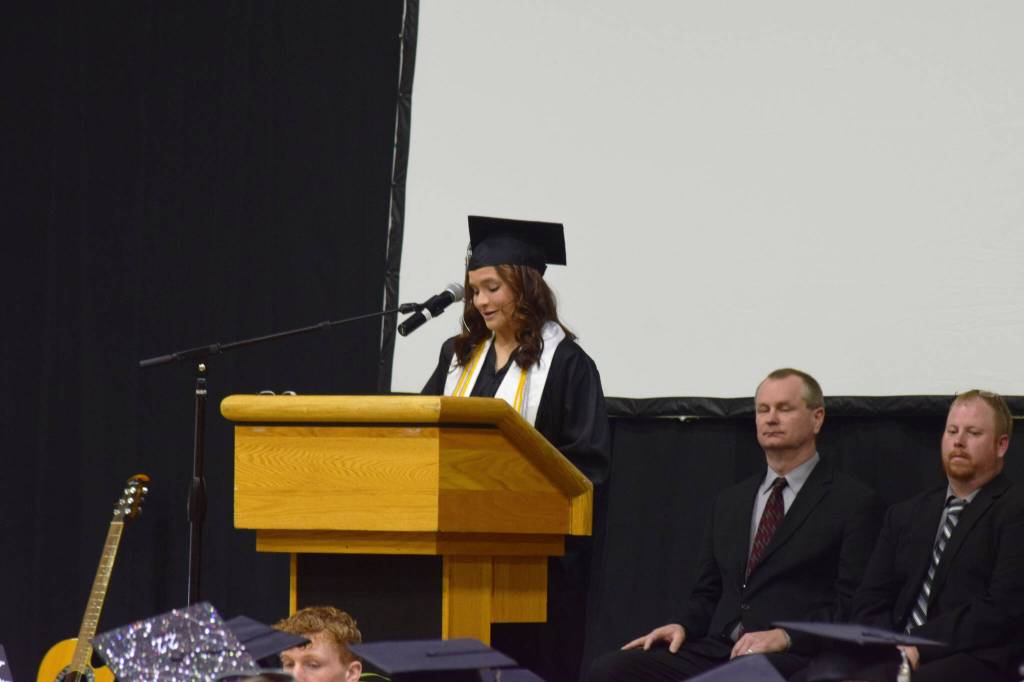 Nikiski Middle/High School Student Body President Madalyn Stichal speaks during the schools 2022 commencement ceremony on Monday, May 16, 2022 in Nikiski, Alaska. (Ashlyn OHara/Peninsula Clarion)