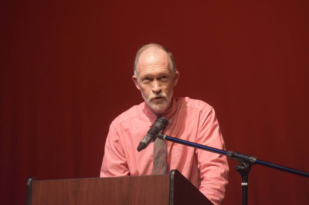 Kenai Central High School teacher Douglas Armstrong delivers a commencement address at the schools 2022 graduation ceremony on Tuesday, May 17, 2022, in Kenai, Alaska. (Ashlyn OHara/Peninsula Clarion)