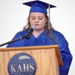 Kaylee Mistecka speaks at Kenai Alternative High School graduation ceremonies Wednesday, May 18, 2022, at Kenai Alternative High School in Kenai, Alaska. (Photo by Jeff Helminiak/Peninsula Clarion)