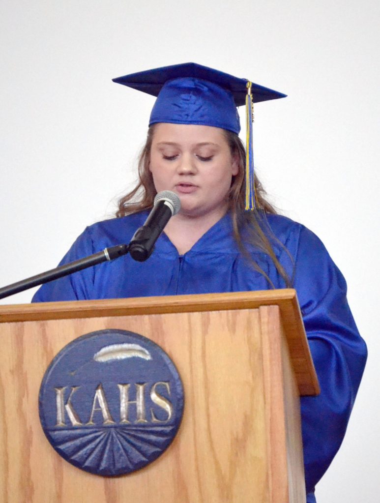 Kaylee Mistecka speaks at Kenai Alternative High School graduation ceremonies Wednesday, May 18, 2022, at Kenai Alternative High School in Kenai, Alaska. (Photo by Jeff Helminiak/Peninsula Clarion)