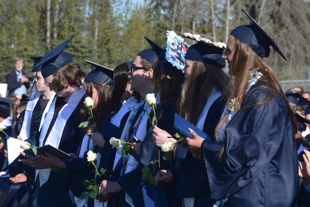 Graduates cheer on their peers during Soldotna High Schools commencement ceremony on Wednesday, May 18, 2022, in Soldotna, Alaska. (Ashlyn OHara/Peninsula Clarion)