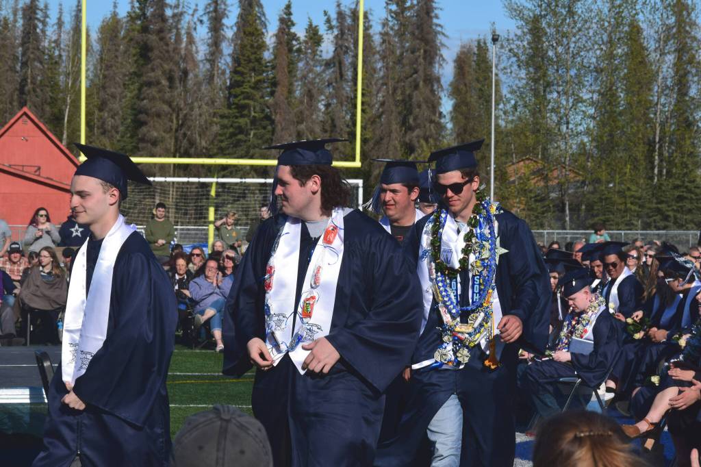 Graduates prepare to receive their diplomas at Soldotna High Schools commencement ceremony on Wednesday, May 18, 2022, in Soldotna, Alaska. (Ashlyn OHara/Peninsula Clarion)