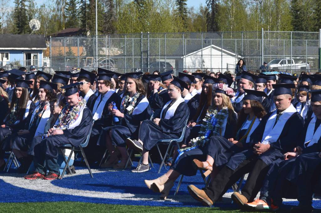 Graduates wait to receive diplomas during Soldotna High Schools commencement ceremony on Wednesday, May 18, 2022, in Soldotna, Alaska. (Ashlyn OHara/Peninsula Clarion)