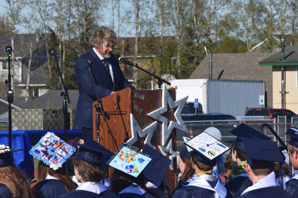 Soldotna High School Principal Sarge Truesdell speaks during the schools commencement ceremony on Wednesday, May 18, 2022, in Soldotna, Alaska. (Ashlyn OHara/Peninsula Clarion)