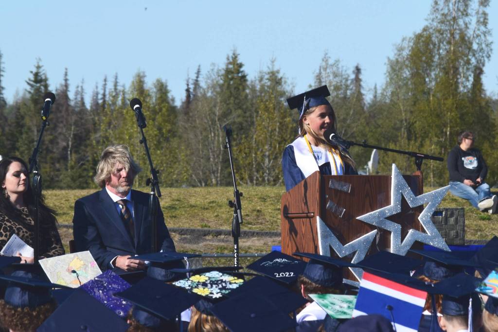 Soldotna High School Salutatorian Jordan Strausbaugh speaks during the schools commencement ceremony on Wednesday, May 18, 2022, in Soldotna, Alaska. (Ashlyn OHara/Peninsula Clarion)