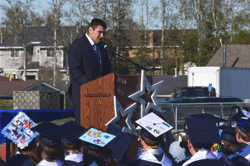 Darren Zibell delivers the commencement address at Soldotna High Schools graduation ceremony on Wednesday, May 18, 2022, in Soldotna, Alaska. (Ashlyn OHara/Peninsula Clarion)