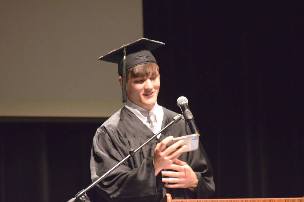 Graduate Justin Trail speaks during Connections Homeschools commencement ceremony on Thursday, May 19, 2022, in Soldotna, Alaska. (Ashlyn OHara/Peninsula Clarion)