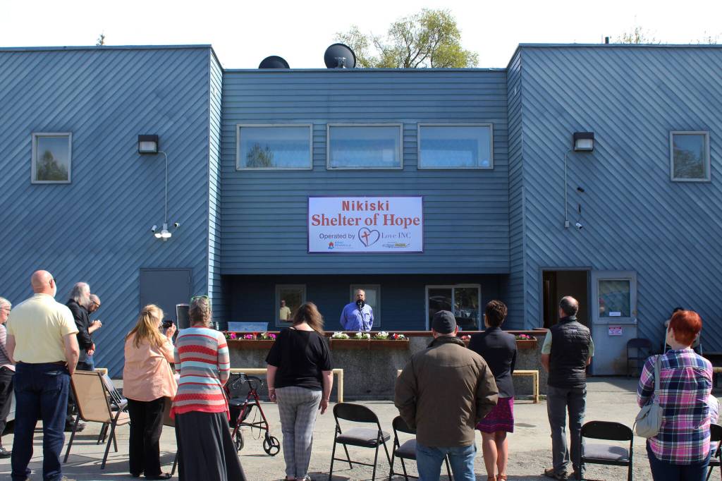 Kenai Peninsula Foundation President Tim Navarre speaks during a ribbon cutting ceremony at the Nikiski Shelter of Hope on Friday, May 20, 2022, in Nikiski, Alaska. (Ashlyn OHara/Peninsula Clarion)