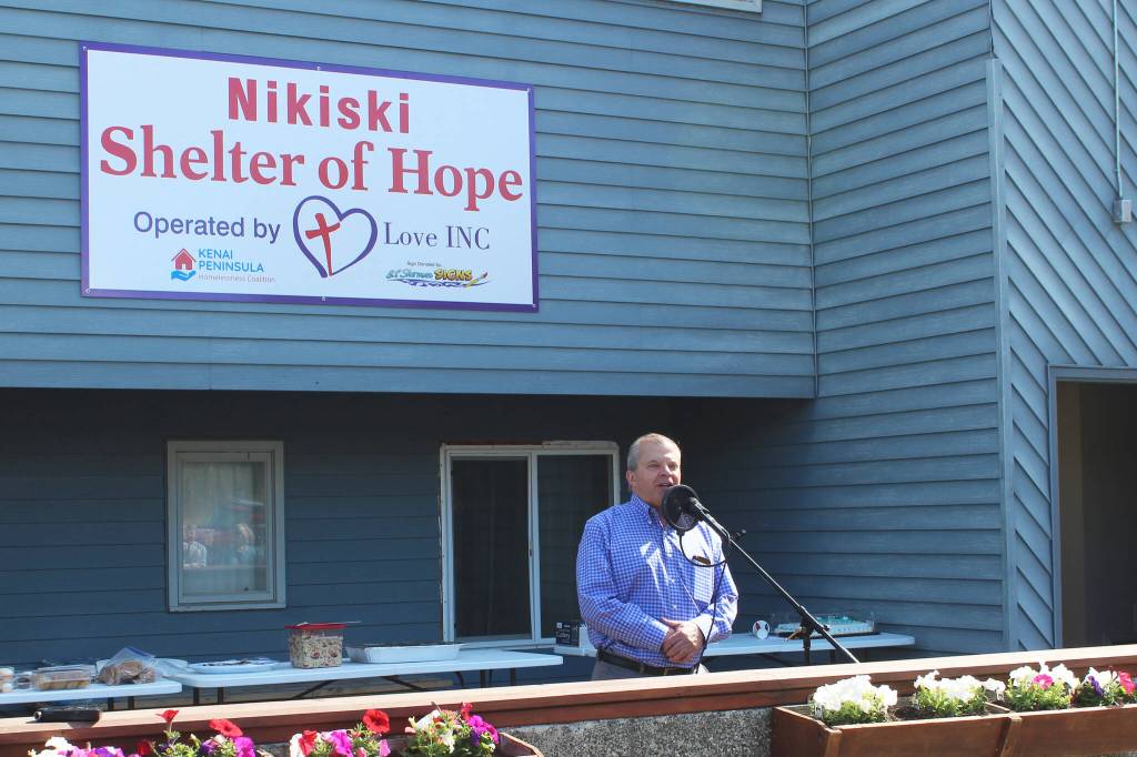 Kenai Peninsula Foundation President Tim Navarre speaks during a ribbon cutting ceremony at the Nikiski Shelter of Hope on Friday, May 20, 2022, in Nikiski, Alaska. (Ashlyn OHara/Peninsula Clarion)