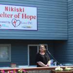 Love INC Executive Director Leslie Rohr speaks during a ribbon cutting ceremony at the Nikiski Shelter of Hope on Friday, May 20, 2022, in Nikiski, Alaska. (Ashlyn OHara/Peninsula Clarion)