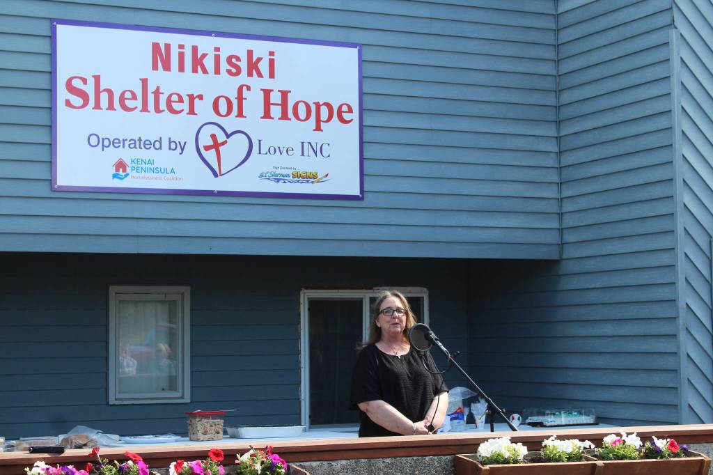 Love INC Executive Director Leslie Rohr speaks during a ribbon cutting ceremony at the Nikiski Shelter of Hope on Friday, May 20, 2022, in Nikiski, Alaska. (Ashlyn OHara/Peninsula Clarion)