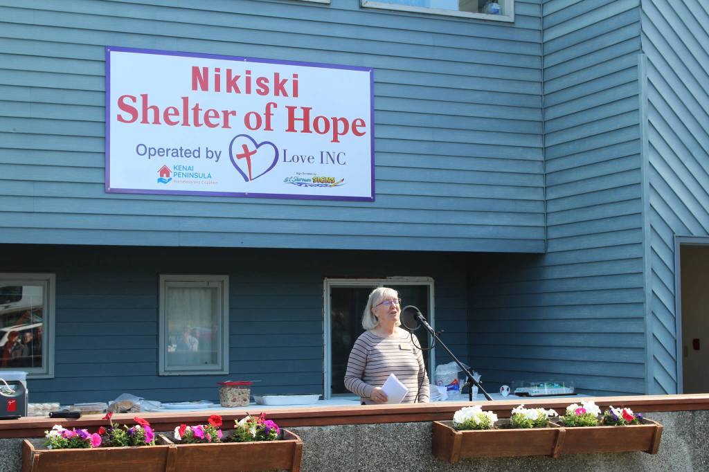 Kathy Gensel, president of Bridges Community Resource Network, Inc., speaks during a ribbon cutting ceremony at the Nikiski Shelter of Hope on Friday, May 20, 2022, in Nikiski, Alaska. (Ashlyn OHara/Peninsula Clarion)